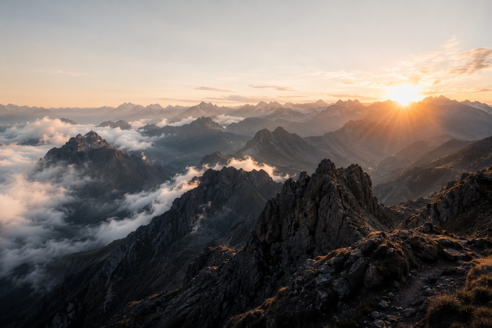Wide sunrise view across a mountain range