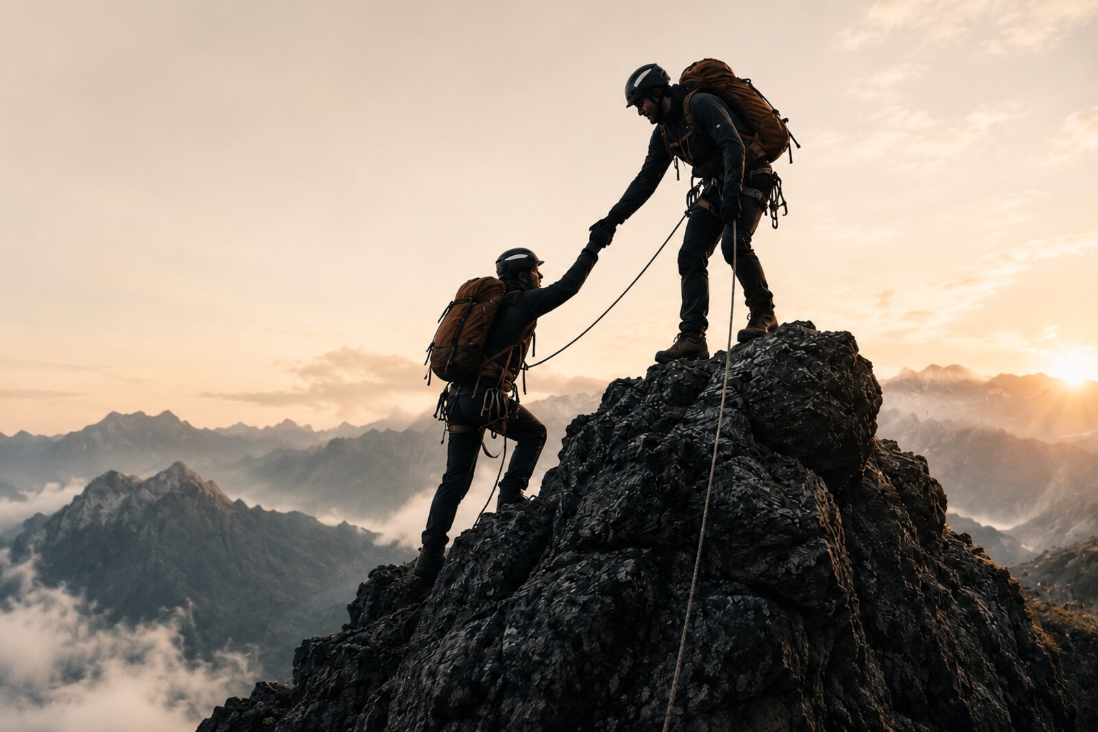Two climbers ascending a rocky mountain face together