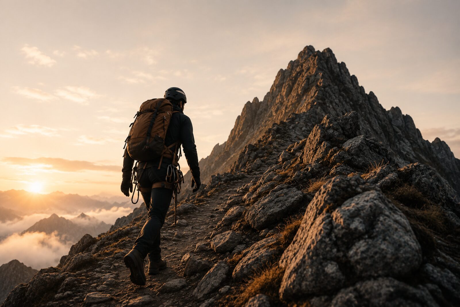 Solo hiker walking a mountain ridge toward a distant peak